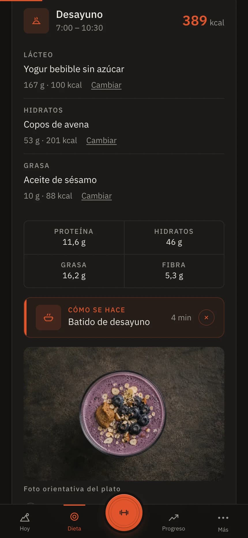 La pantalla de dieta de Atlaz, con el desayuno del día y su receta