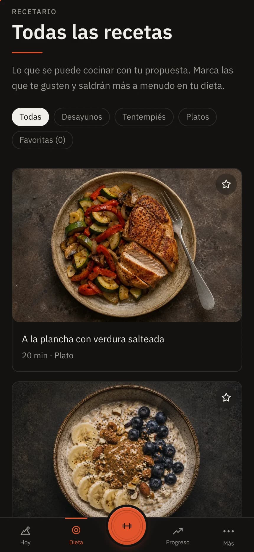 La pantalla de dieta de Atlaz, con el desayuno del día y su receta